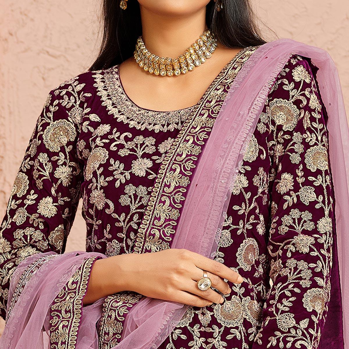 Wine Partywear Embroidered Velvet Anarkali Suit - Peachmode