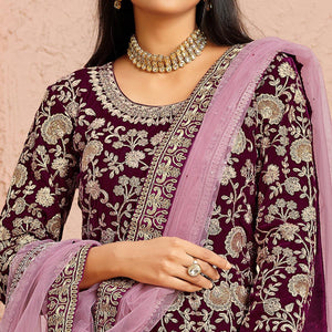 Wine Partywear Embroidered Velvet Anarkali Suit - Peachmode