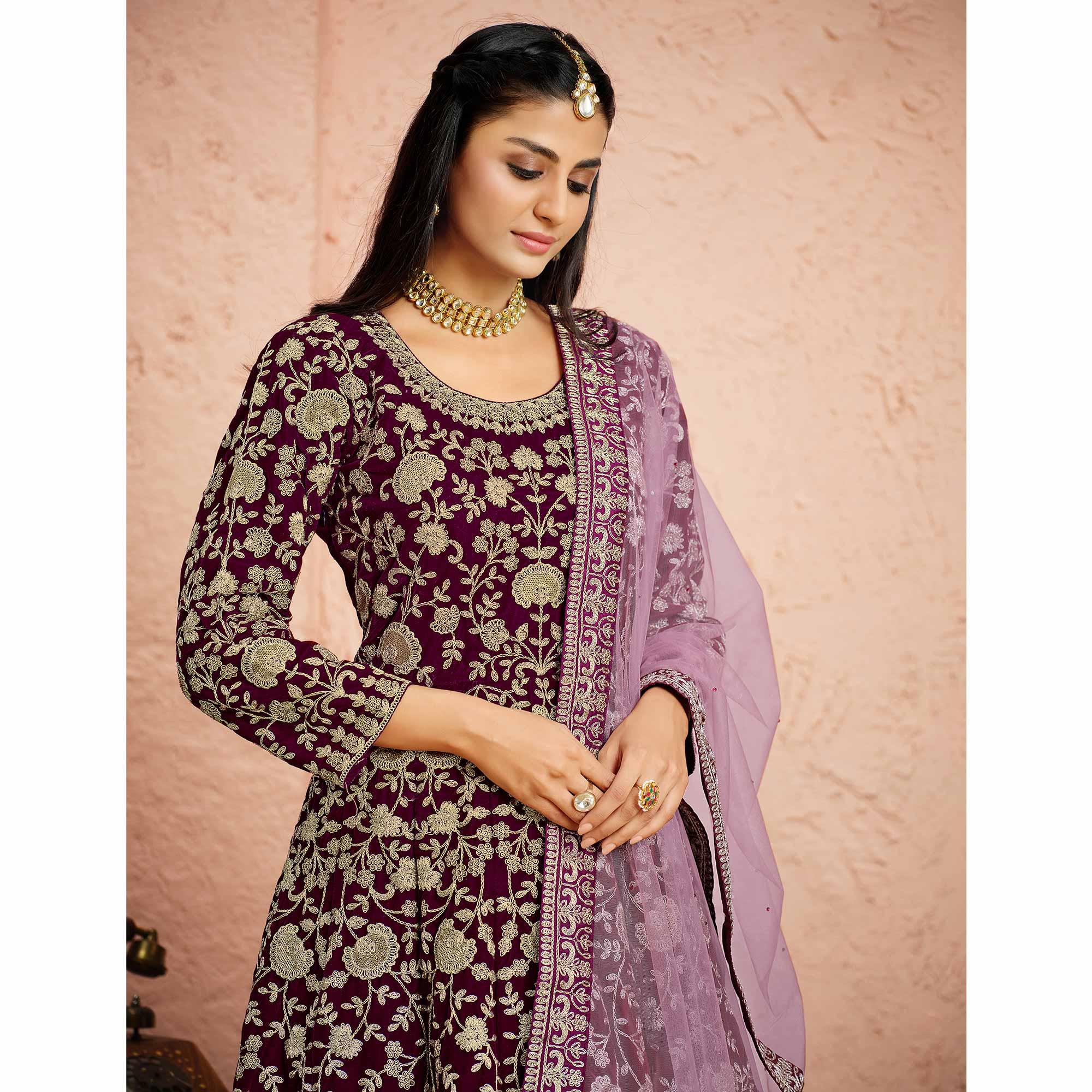 Wine Partywear Embroidered Velvet Anarkali Suit - Peachmode