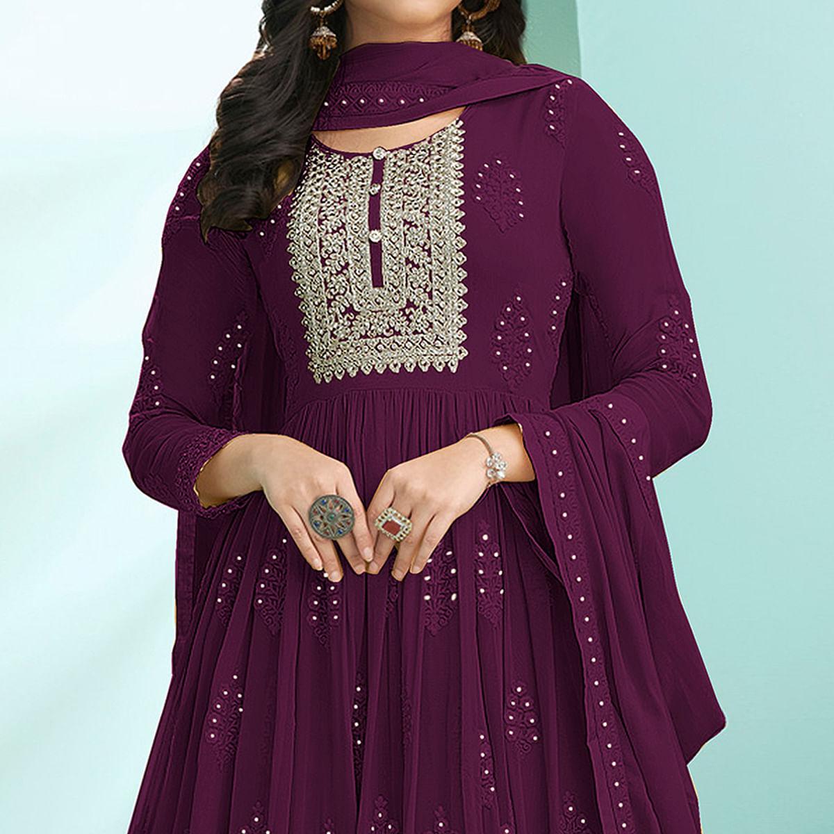 Wine Partywear Embroidery With Embellished Georgette Gown - Peachmode