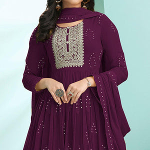 Wine Partywear Embroidery With Embellished Georgette Gown - Peachmode