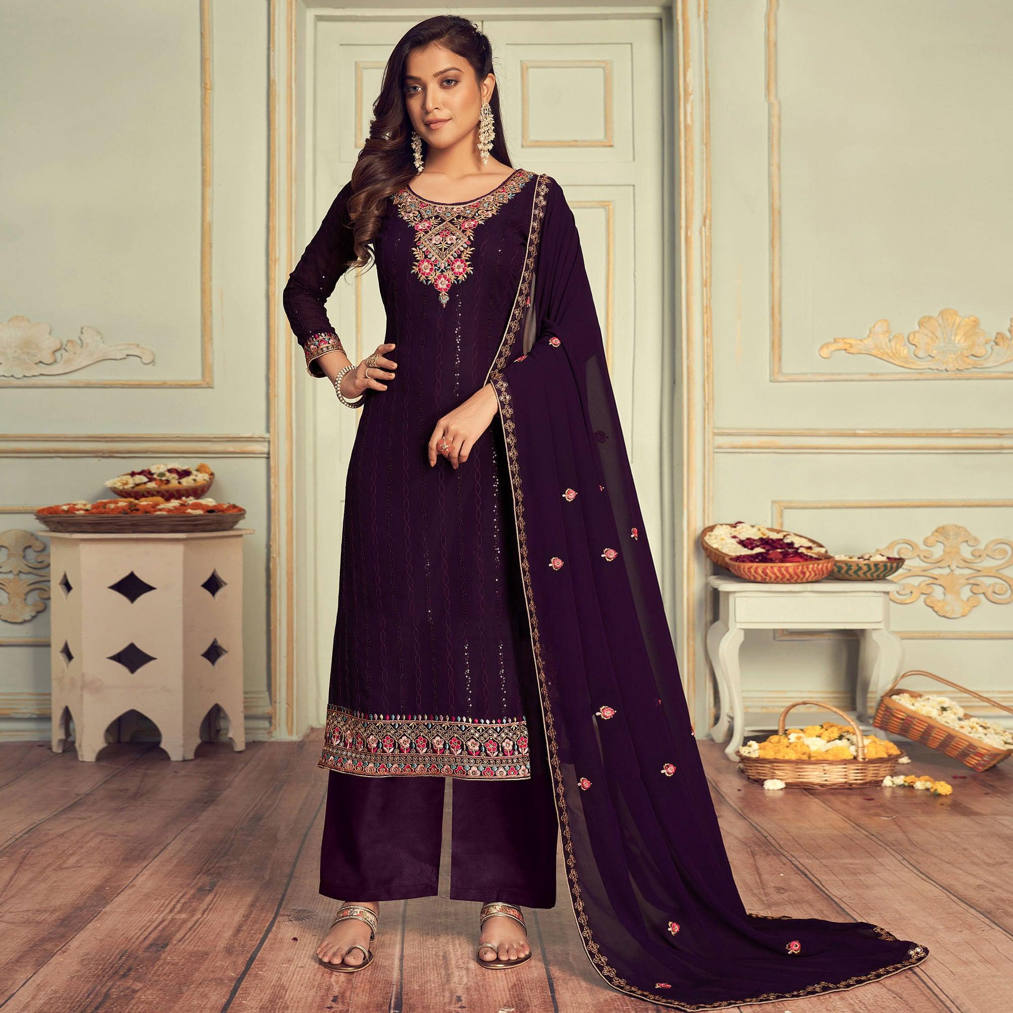 Wine Partywear Embroidery With Embellished Georgette Suit - Peachmode