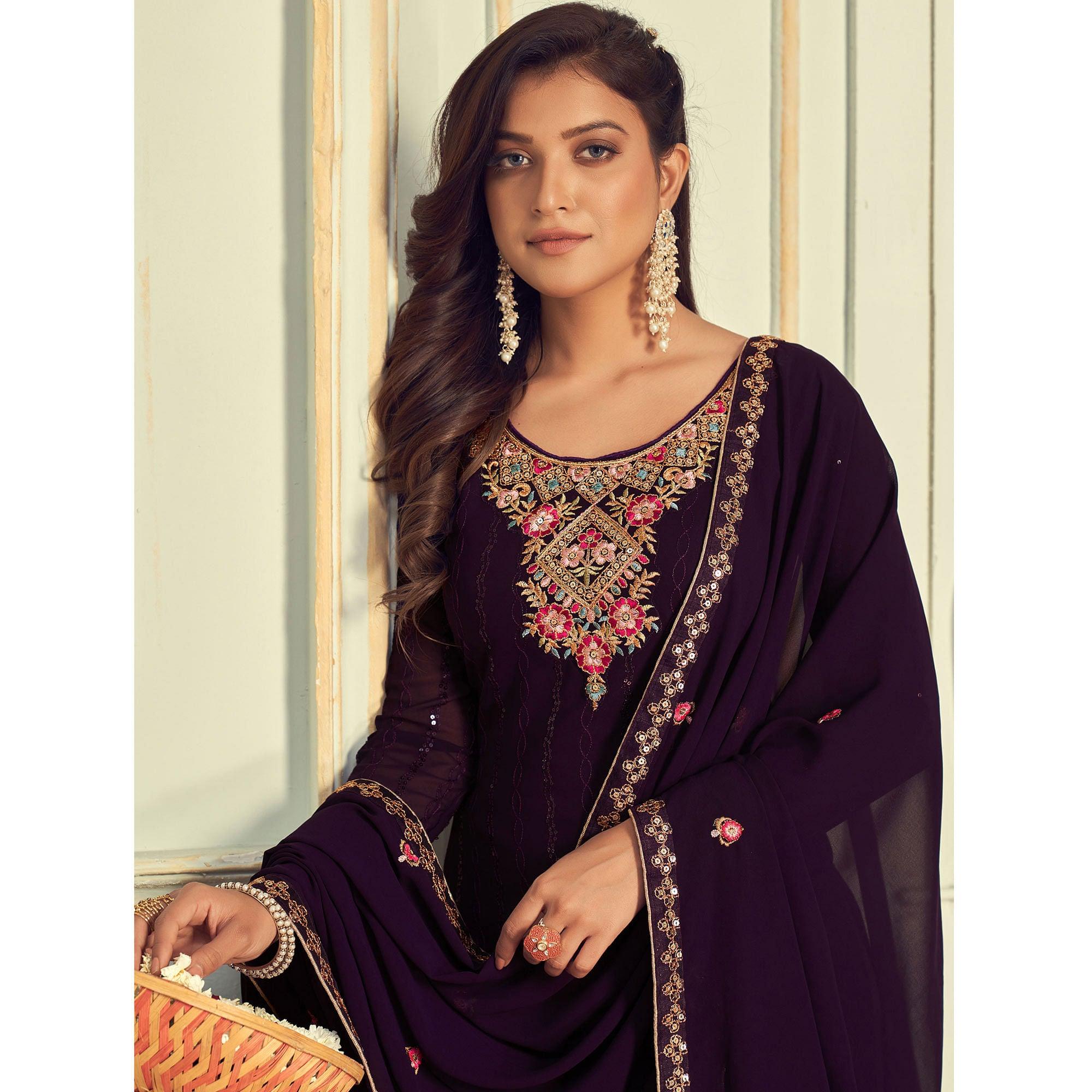 Wine Partywear Embroidery With Embellished Georgette Suit - Peachmode