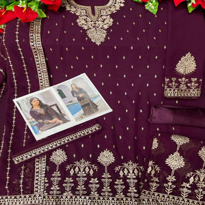Wine Partywear Embroidery With Sequence Heavy Faux Georgette Salwar Suit - Peachmode