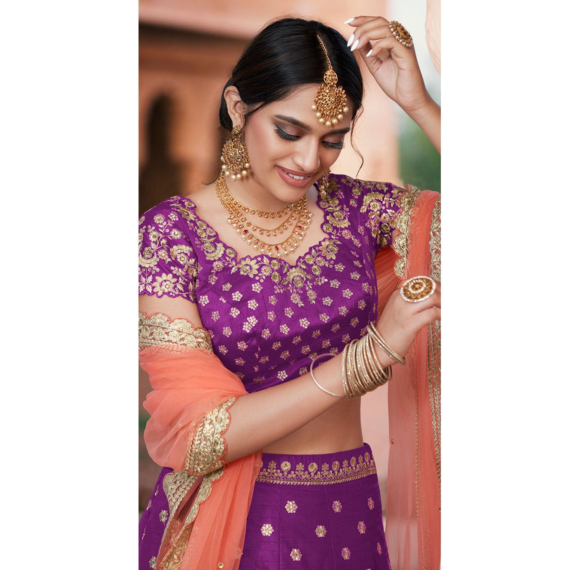 Wine Partywear Floral Embroidery With Zari Handloom Silk Frilled Lehenga Choli - Peachmode