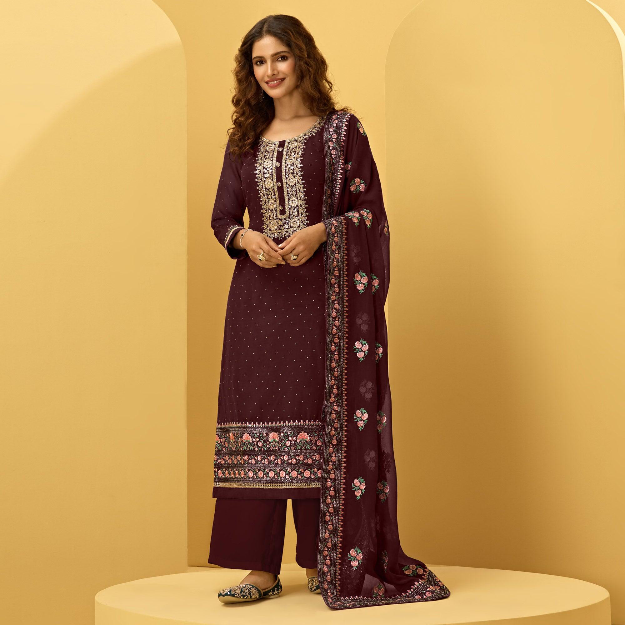 Wine Partywear Floral Zari Embroidery With Swarovski Georgette Palazzo Suit - Peachmode