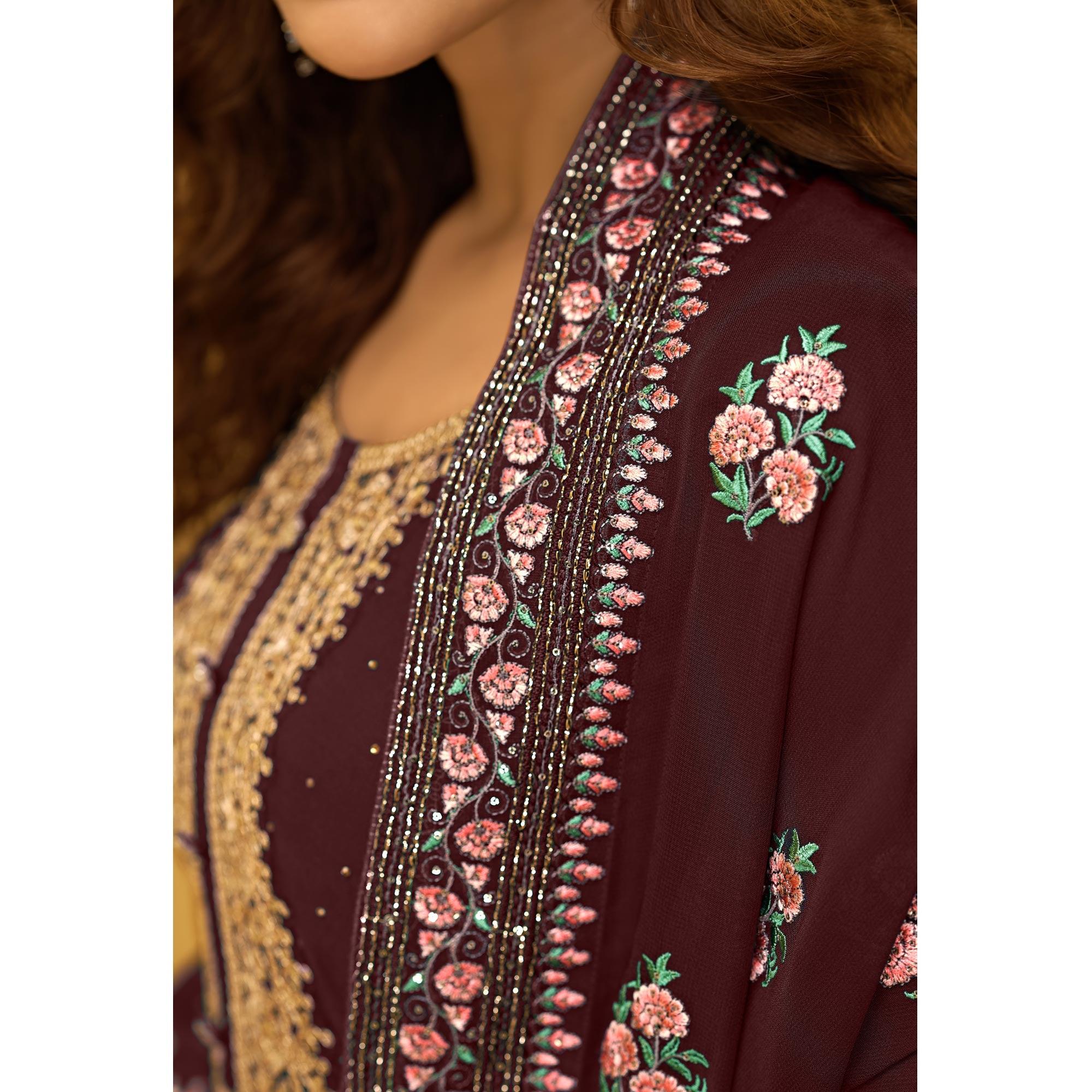 Wine Partywear Floral Zari Embroidery With Swarovski Georgette Palazzo Suit - Peachmode