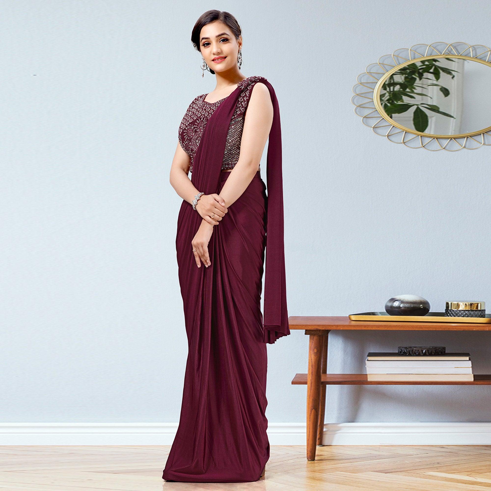 Wine Partywear Frill & Sequence Art Silk Saree - Peachmode