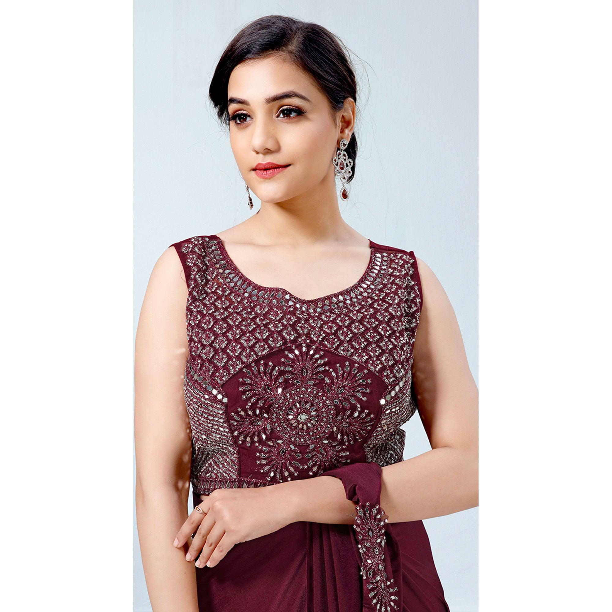 Wine Partywear Frill & Sequence Art Silk Saree - Peachmode