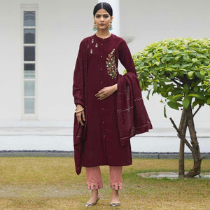 Wine Partywear Heavy Hand Work Bember Silk Suit - Peachmode