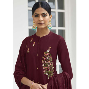 Wine Partywear Heavy Hand Work Bember Silk Suit - Peachmode