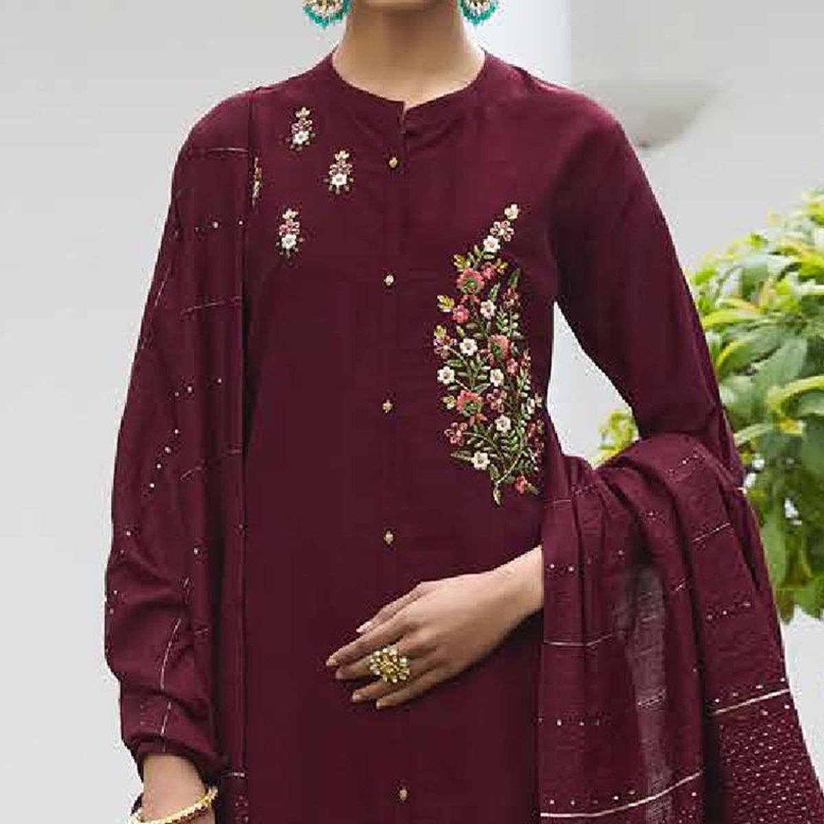 Wine Partywear Heavy Hand Work Bember Silk Suit - Peachmode