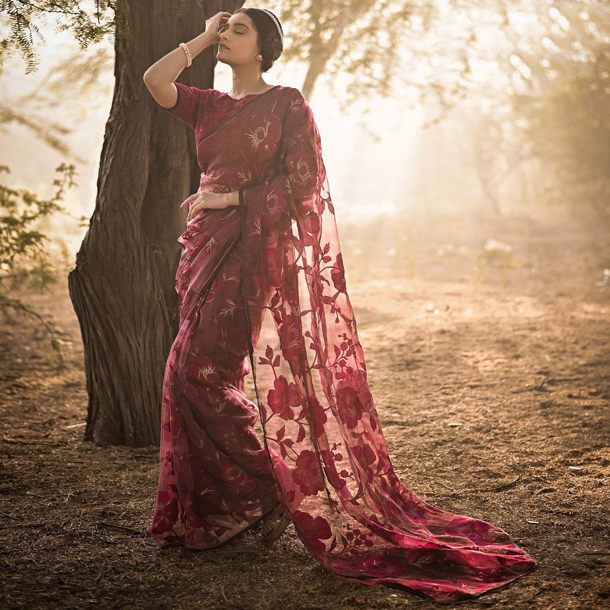 Wine Partywear Piping Stone Velvet Zari Organza Saree - Peachmode