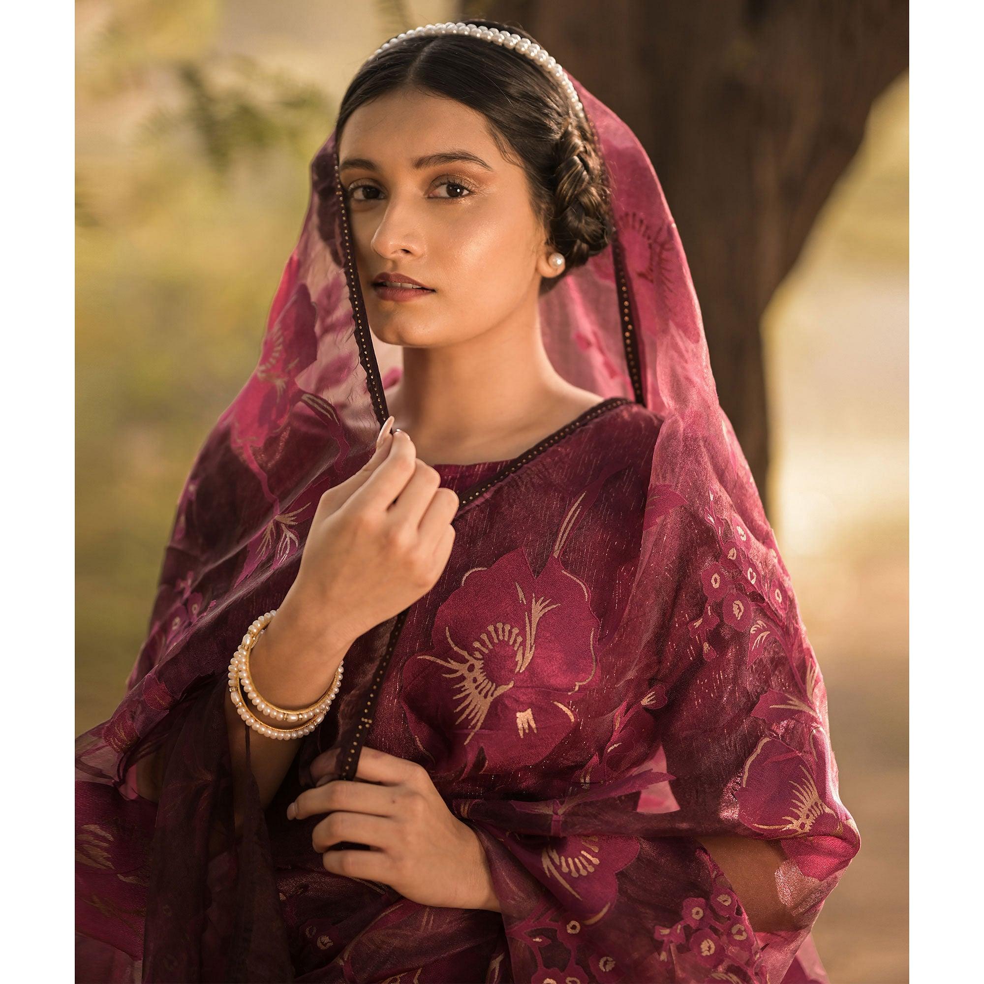 Wine Partywear Piping Stone Velvet Zari Organza Saree - Peachmode