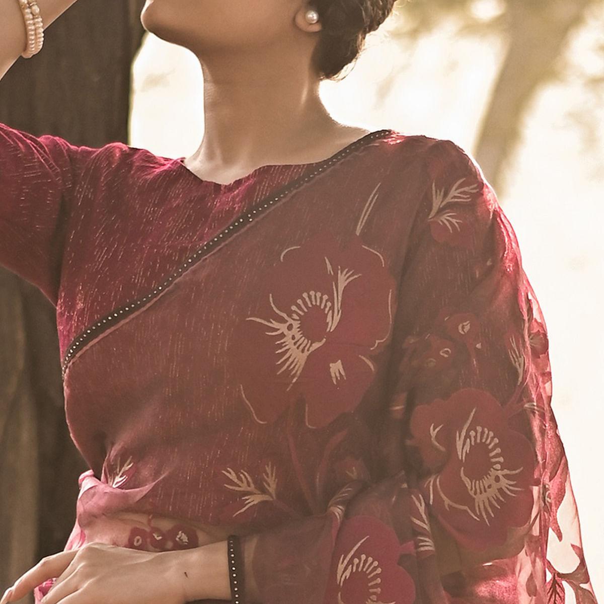 Wine Partywear Piping Stone Velvet Zari Organza Saree - Peachmode