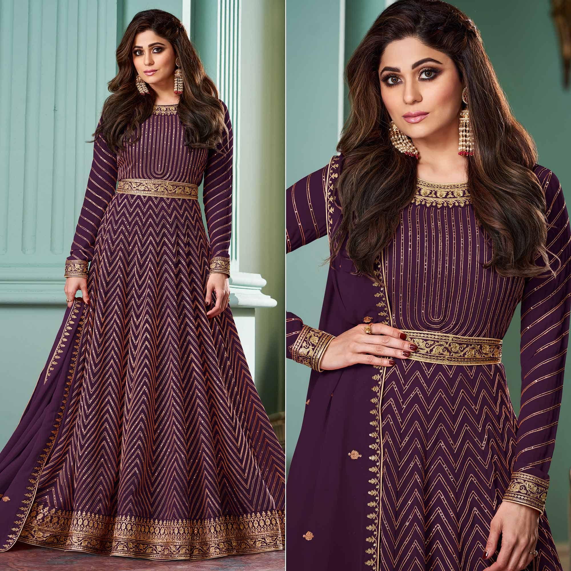 Wine Partywear Sequence Embroidered Georgette Gown - Peachmode