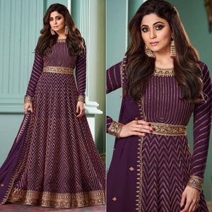 Wine Partywear Sequence Embroidered Georgette Gown - Peachmode