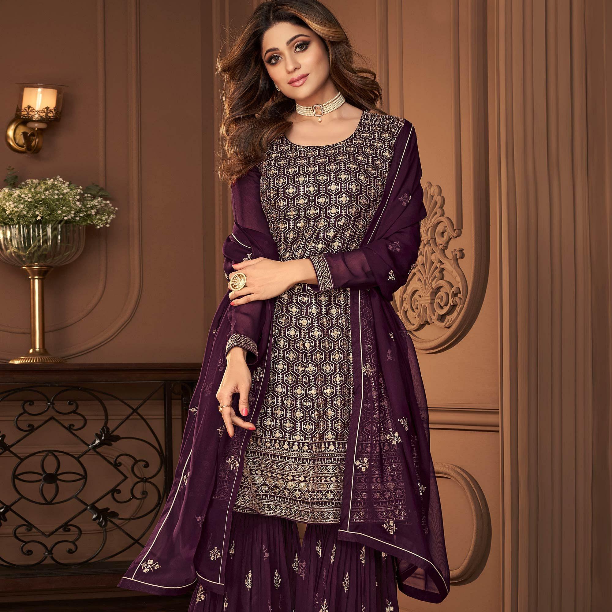 Wine Partywear Sequence Embroidered Georgette Sharara Suit - Peachmode