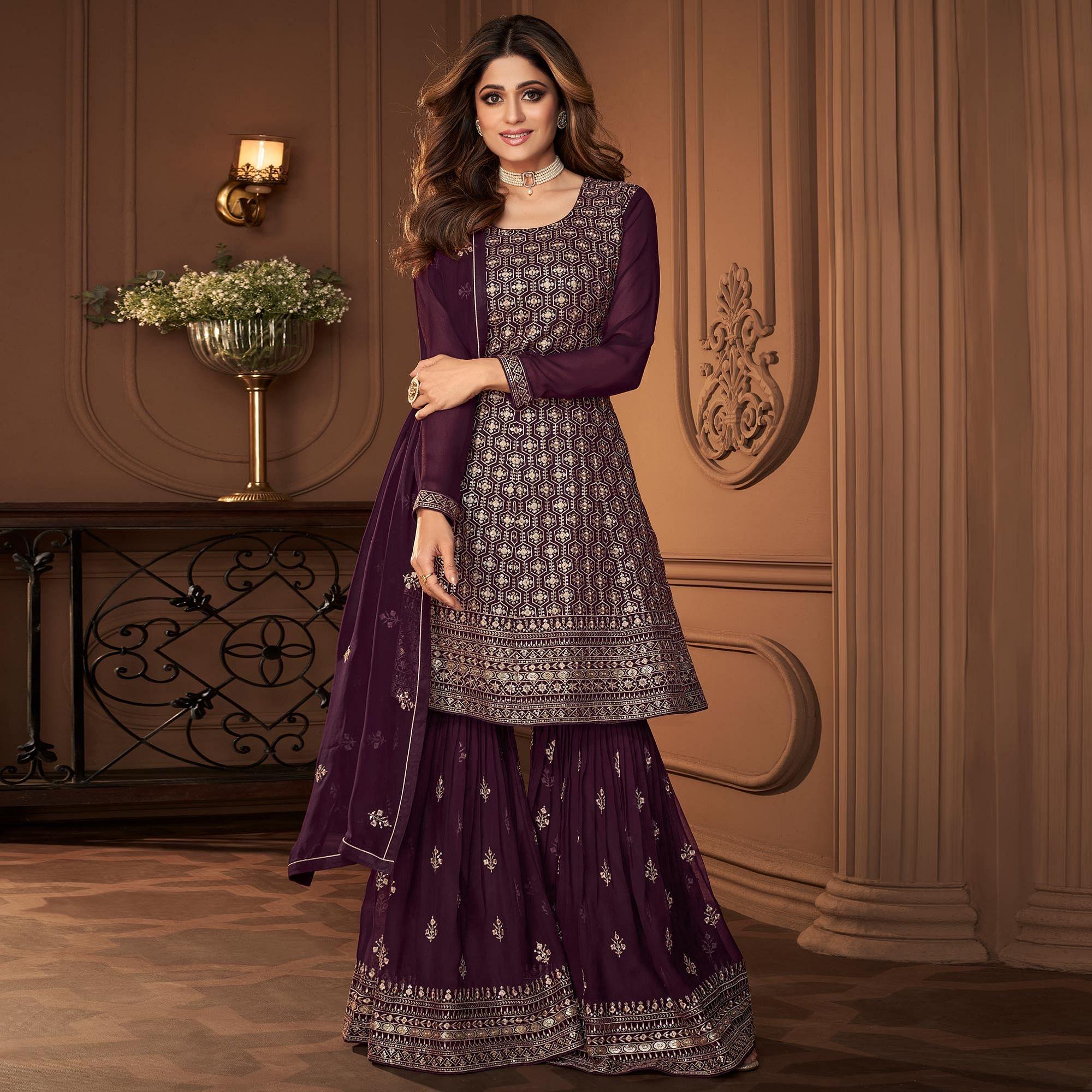 Wine Partywear Sequence Embroidered Georgette Sharara Suit - Peachmode