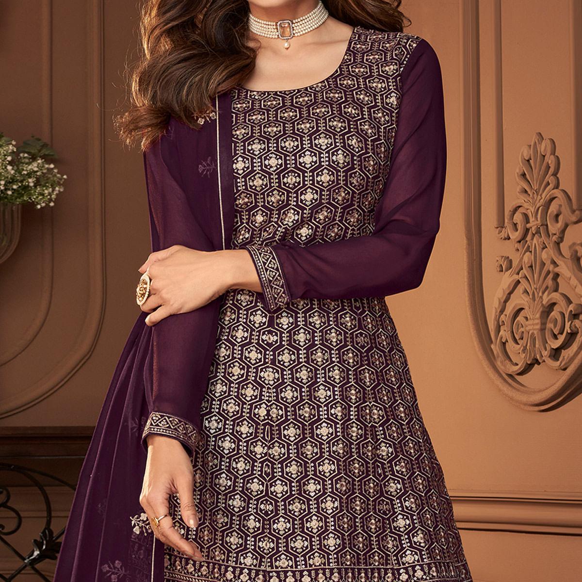 Wine Partywear Sequence Embroidered Georgette Sharara Suit - Peachmode