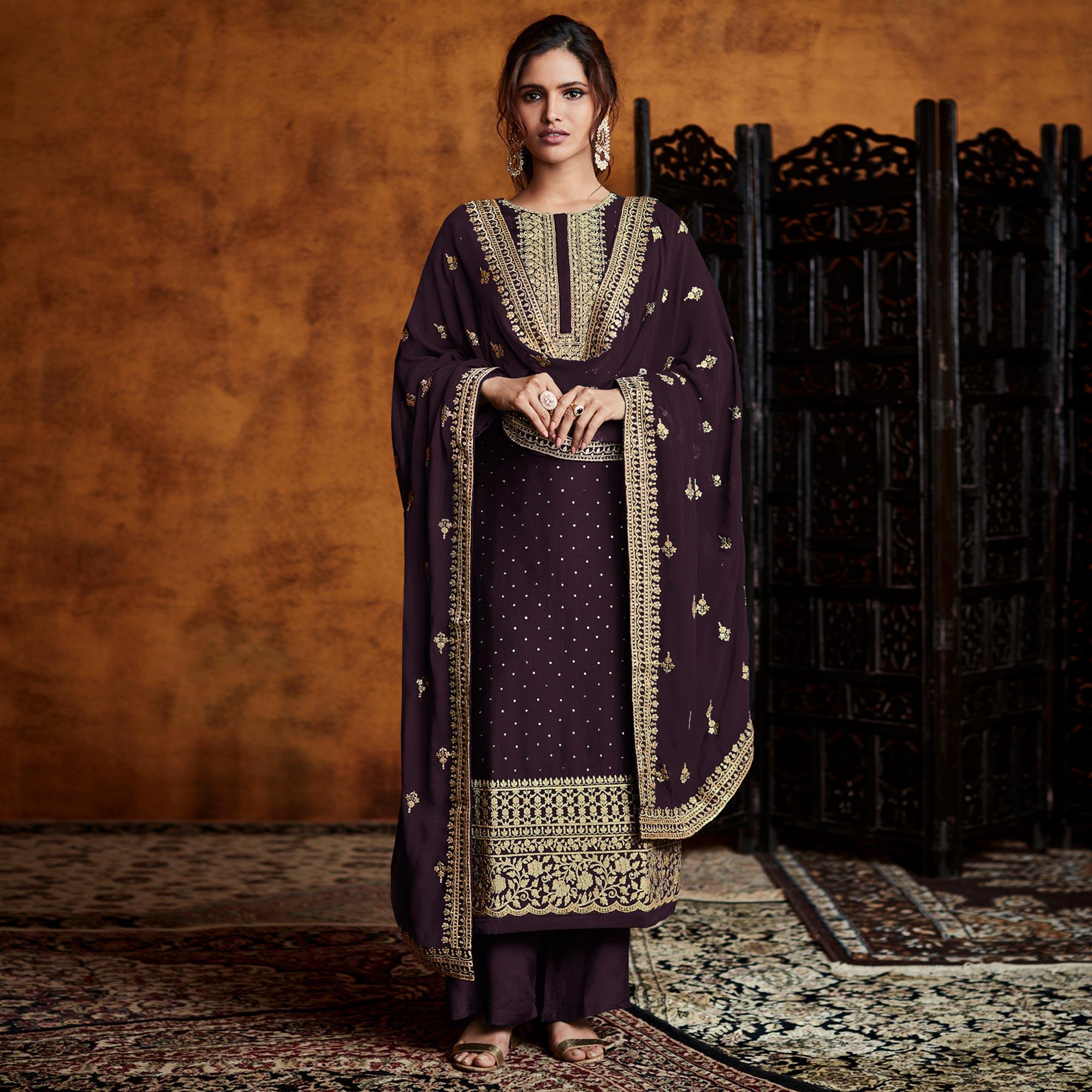 Wine Partywear Sequence Embroidered Real Georgette Palazzo Suit - Peachmode