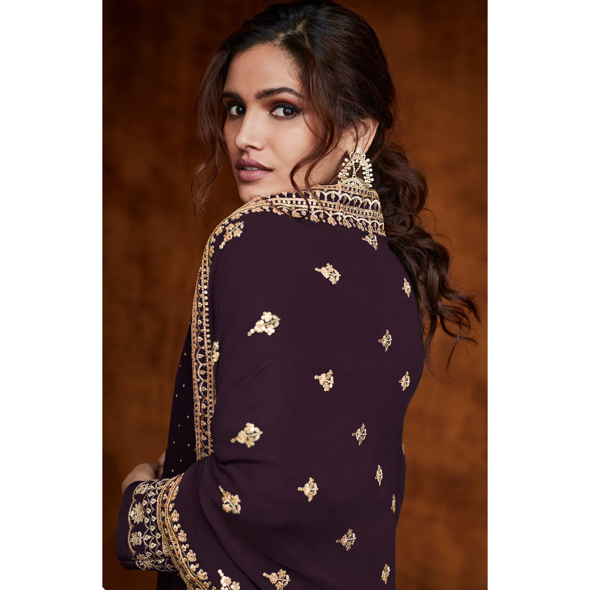 Wine Partywear Sequence Embroidered Real Georgette Palazzo Suit - Peachmode