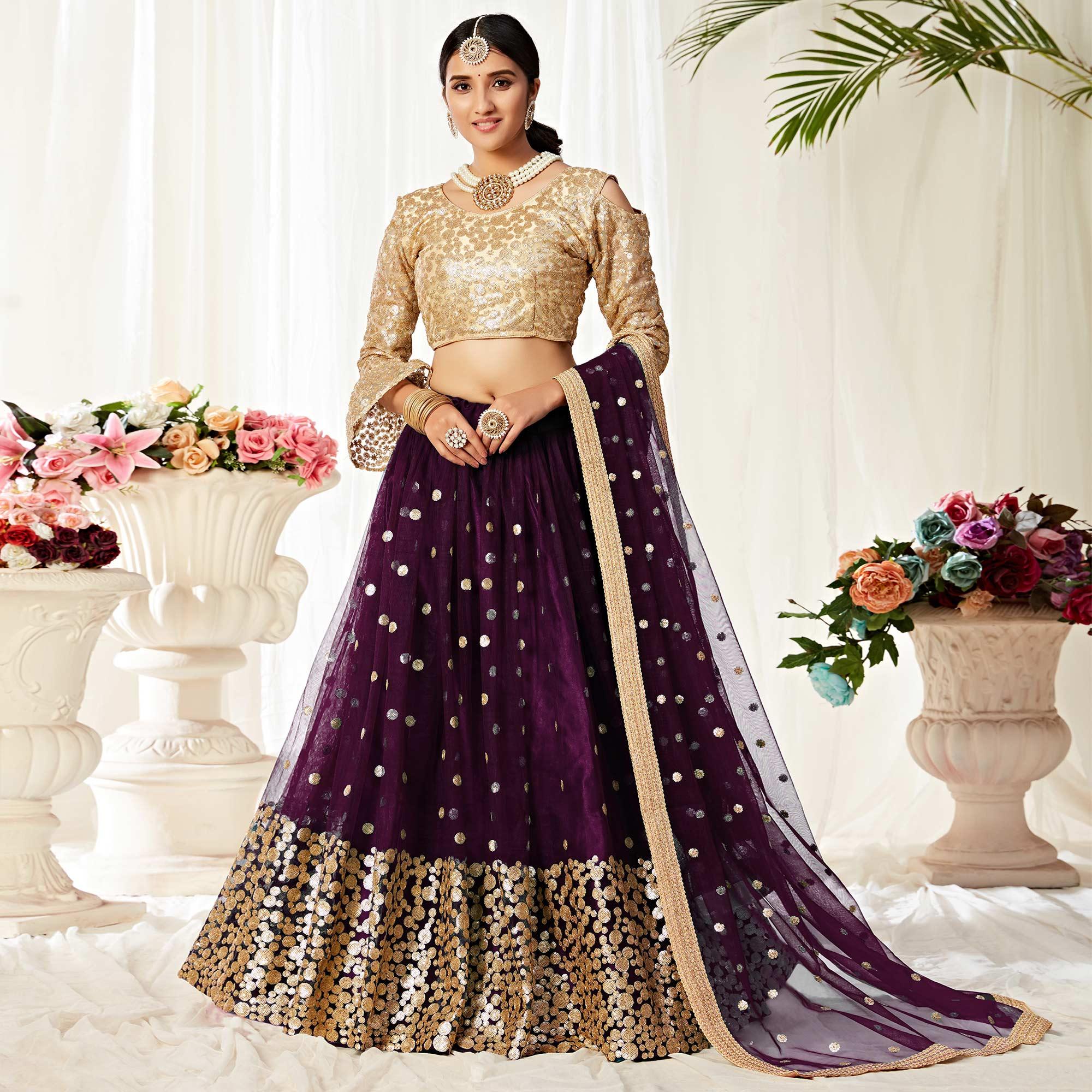 Wine Partywear Sequined Embroidered Net Lehenga Choli - Peachmode