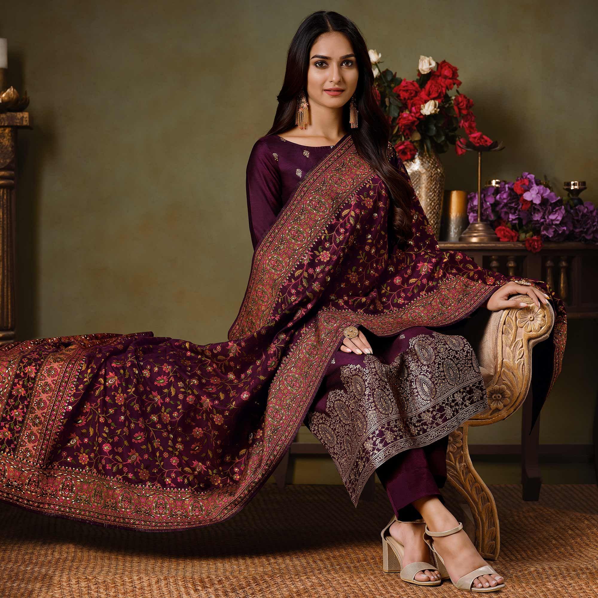 Wine Partywear Swarovski Work Silk Jacquard Palazzo Suit - Peachmode