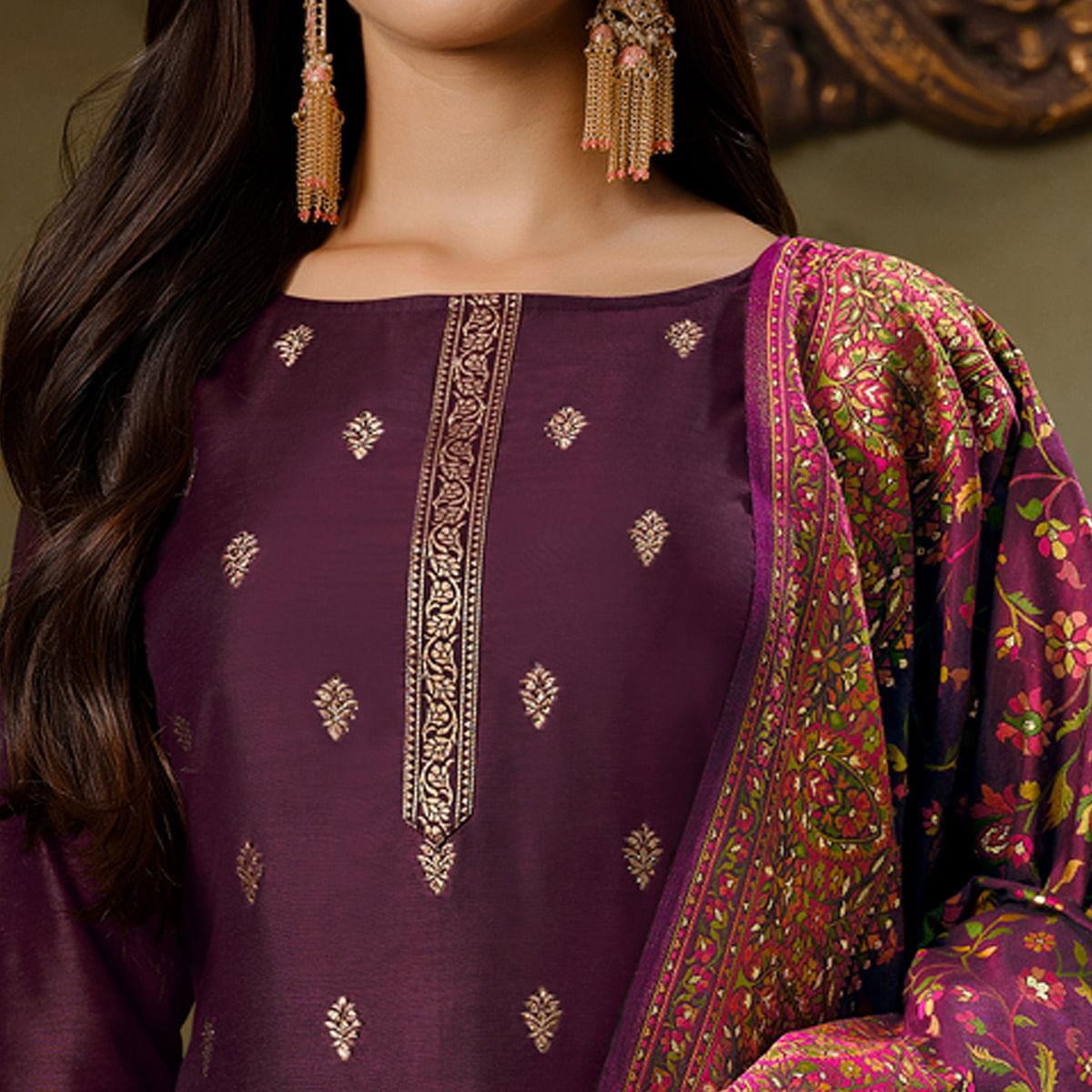 Wine Partywear Swarovski Work Silk Jacquard Palazzo Suit - Peachmode