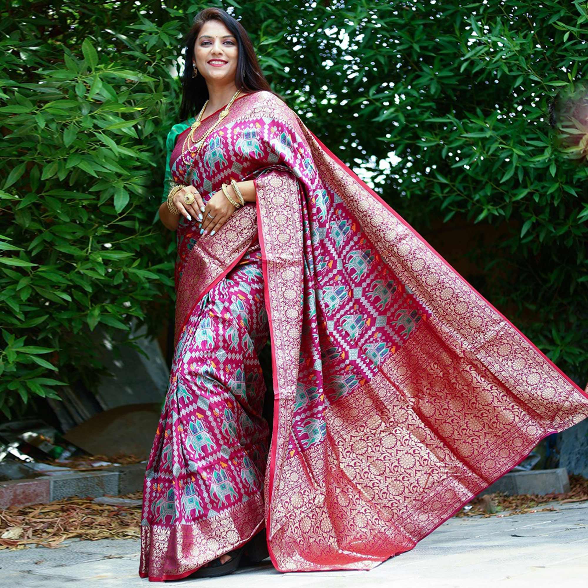 Wine Patola Printed Silk Saree - Peachmode