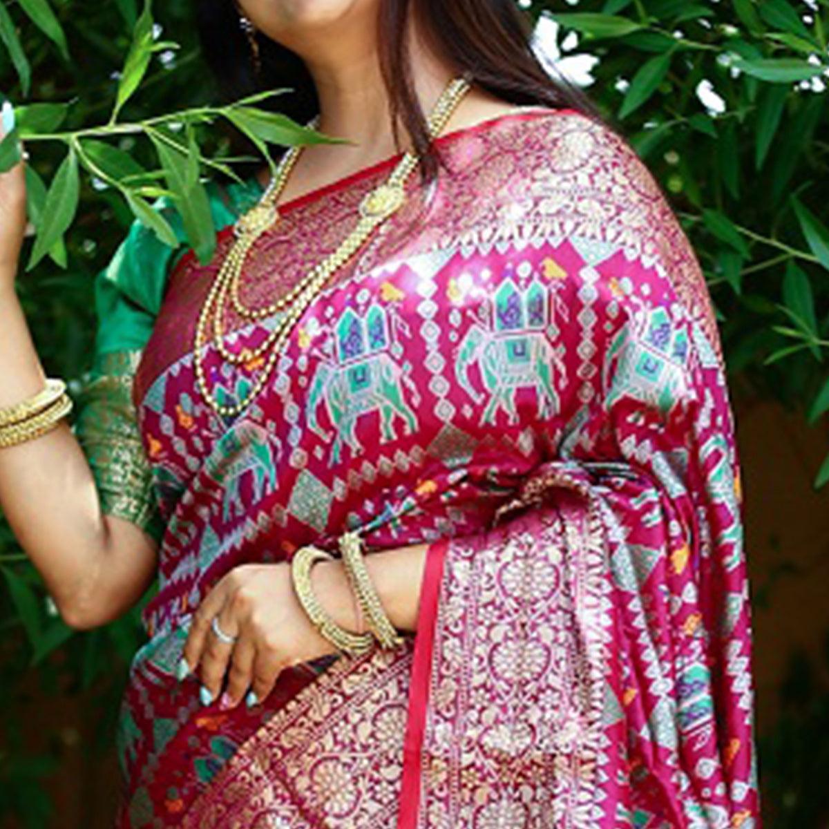 Wine Patola Printed Silk Saree - Peachmode
