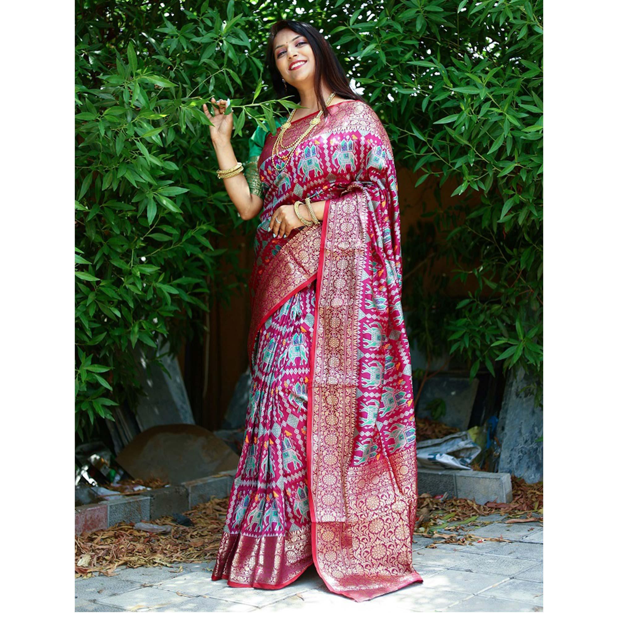 Wine Patola Printed Silk Saree - Peachmode