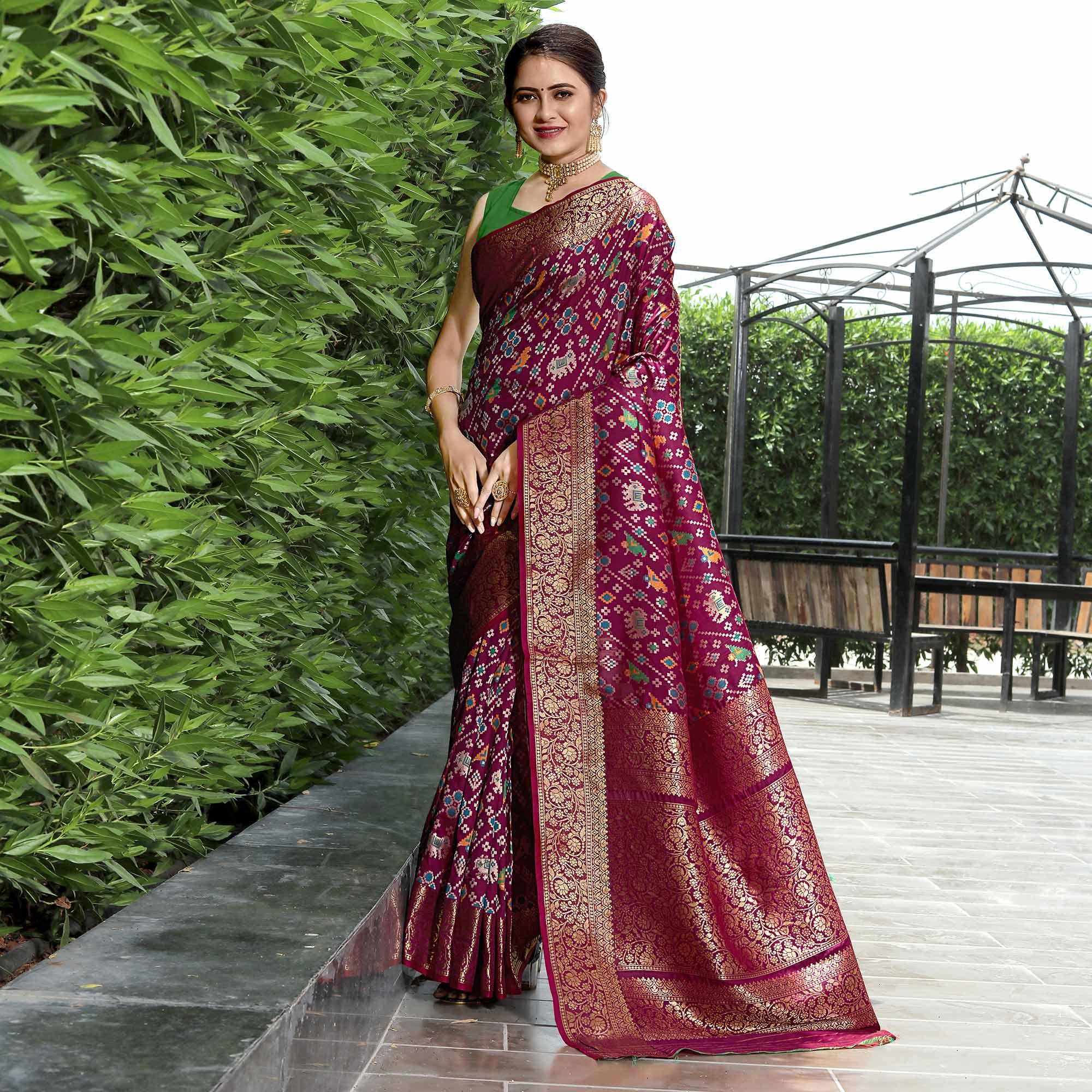 Wine Patola Printed With Woven Border Banarasi Silk Saree - Peachmode