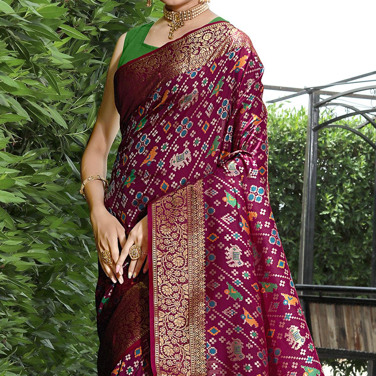 Wine Patola Printed With Woven Border Banarasi Silk Saree - Peachmode