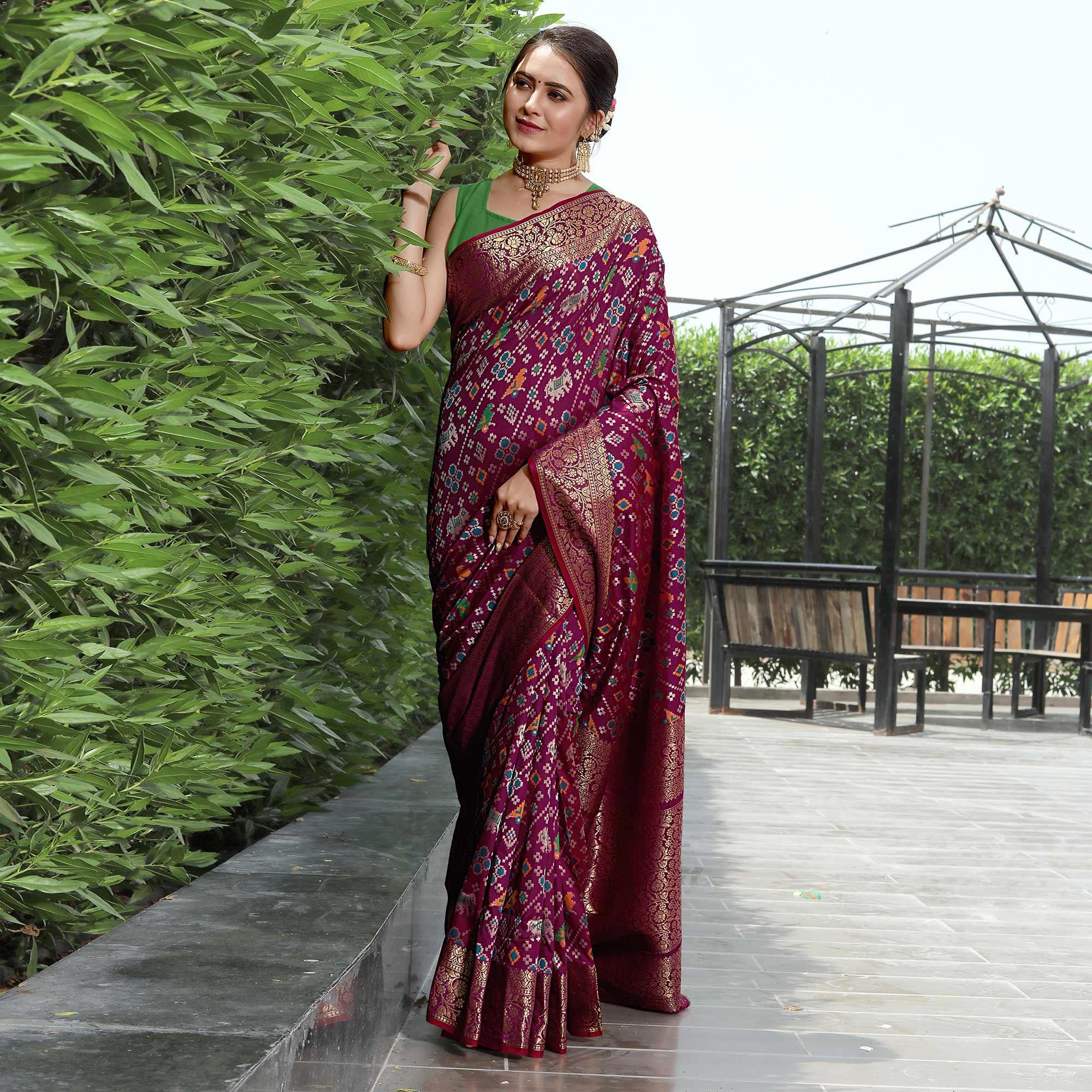 Wine Patola Printed With Woven Border Banarasi Silk Saree - Peachmode