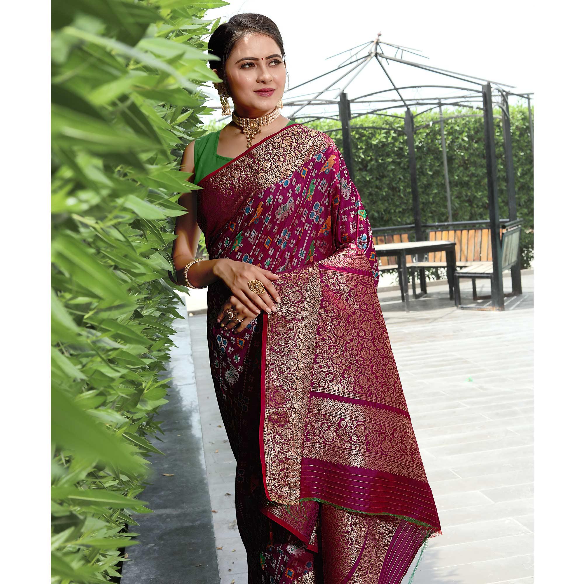Wine Patola Printed With Woven Border Banarasi Silk Saree - Peachmode
