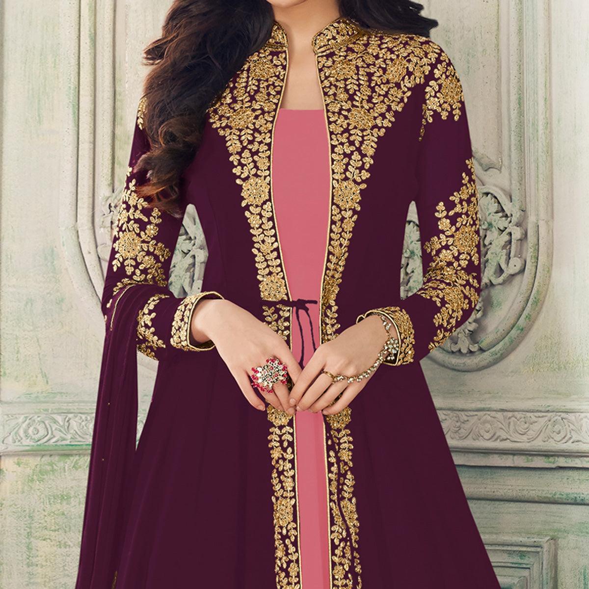 Wine - Pink Partywear Woven Georgette Gown - Peachmode