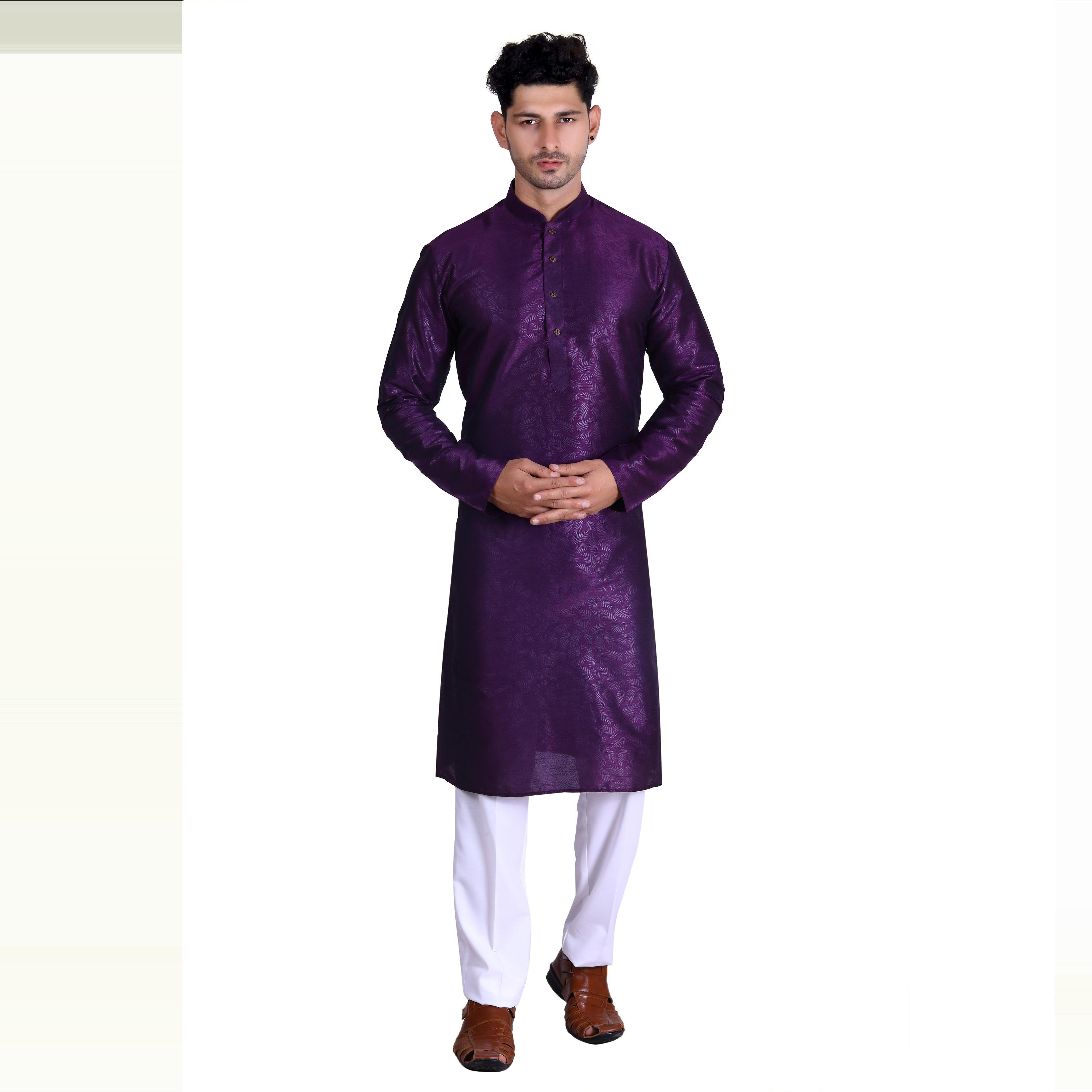 Wine Printed Art Silk Men's Kurta Pyjama Set - Peachmode
