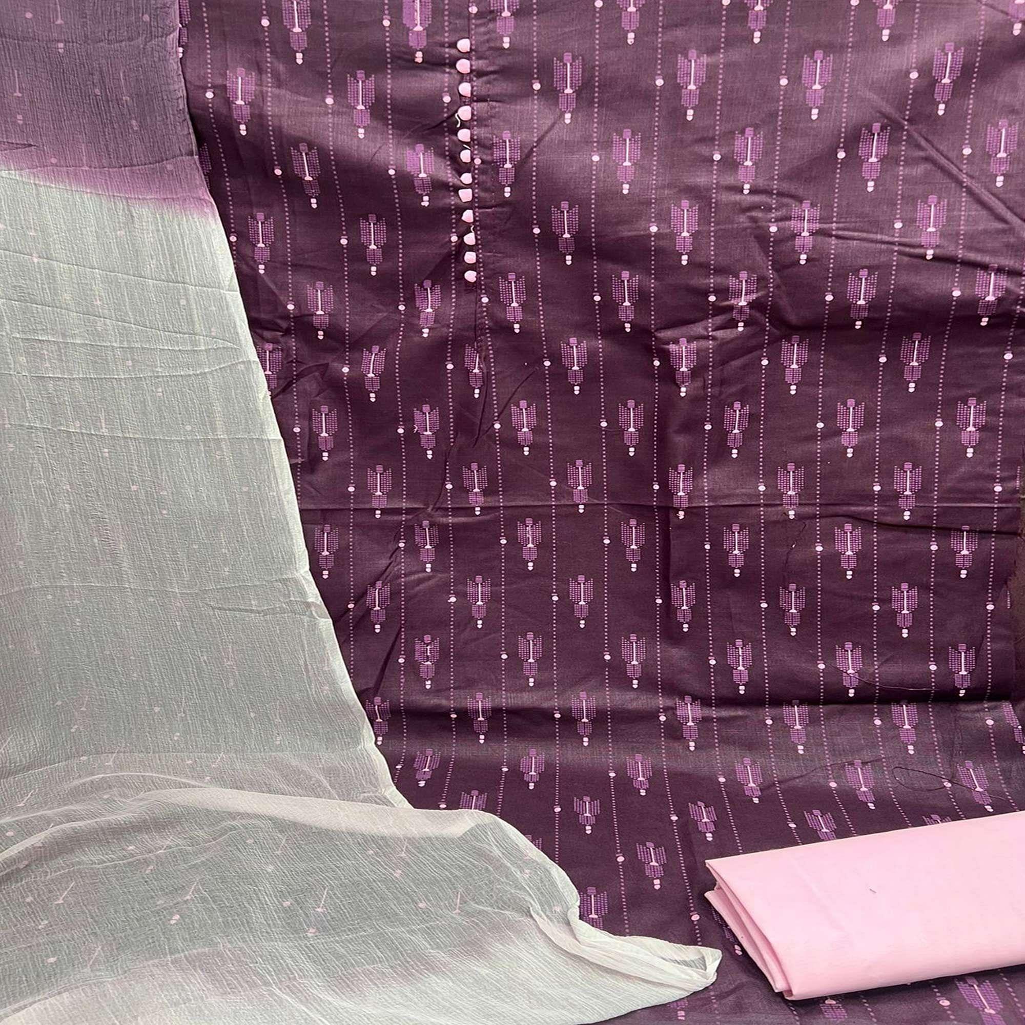 Wine Printed Cotton Dress Material - Peachmode