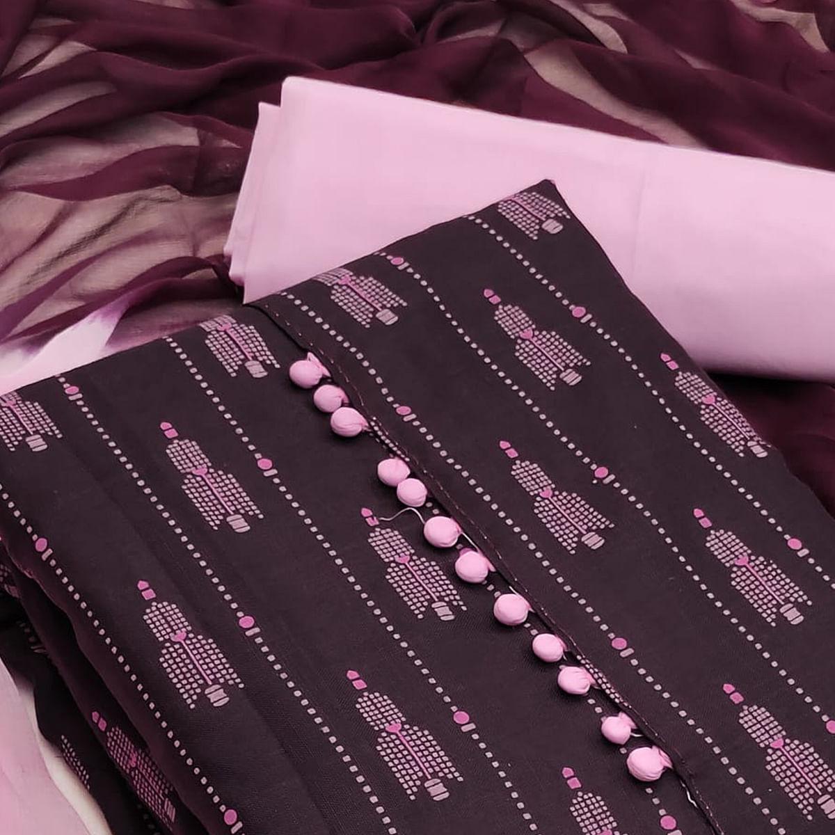 Wine Printed Cotton Dress Material - Peachmode