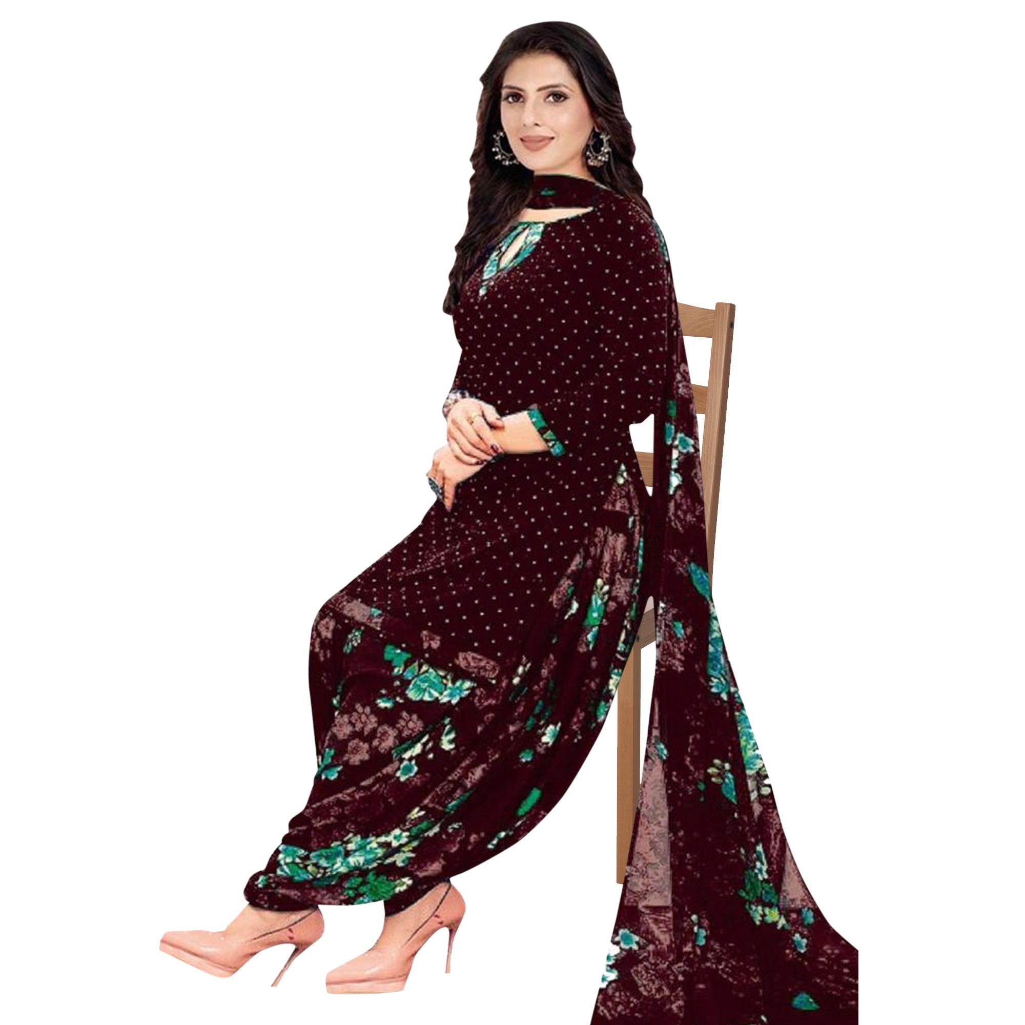 Wine Printed Crepe Patiala Dress Material - Peachmode