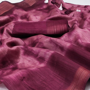Wine Printed Poly Cotton Saree With Tassels - Peachmode