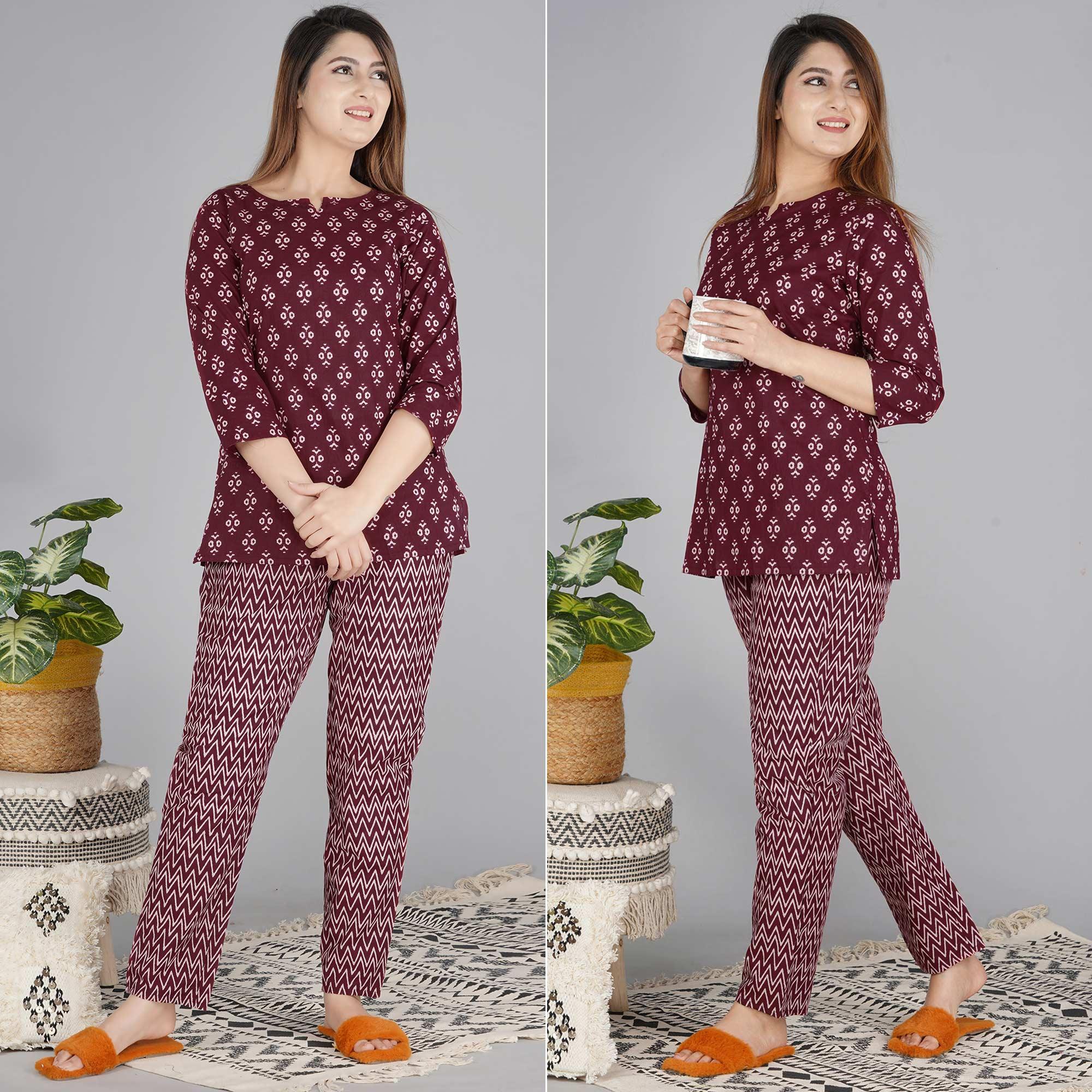 Wine Printed Pure Cotton Night Suit - Peachmode