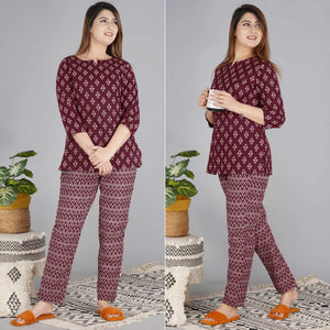 Wine Printed Pure Cotton Night Suit - Peachmode