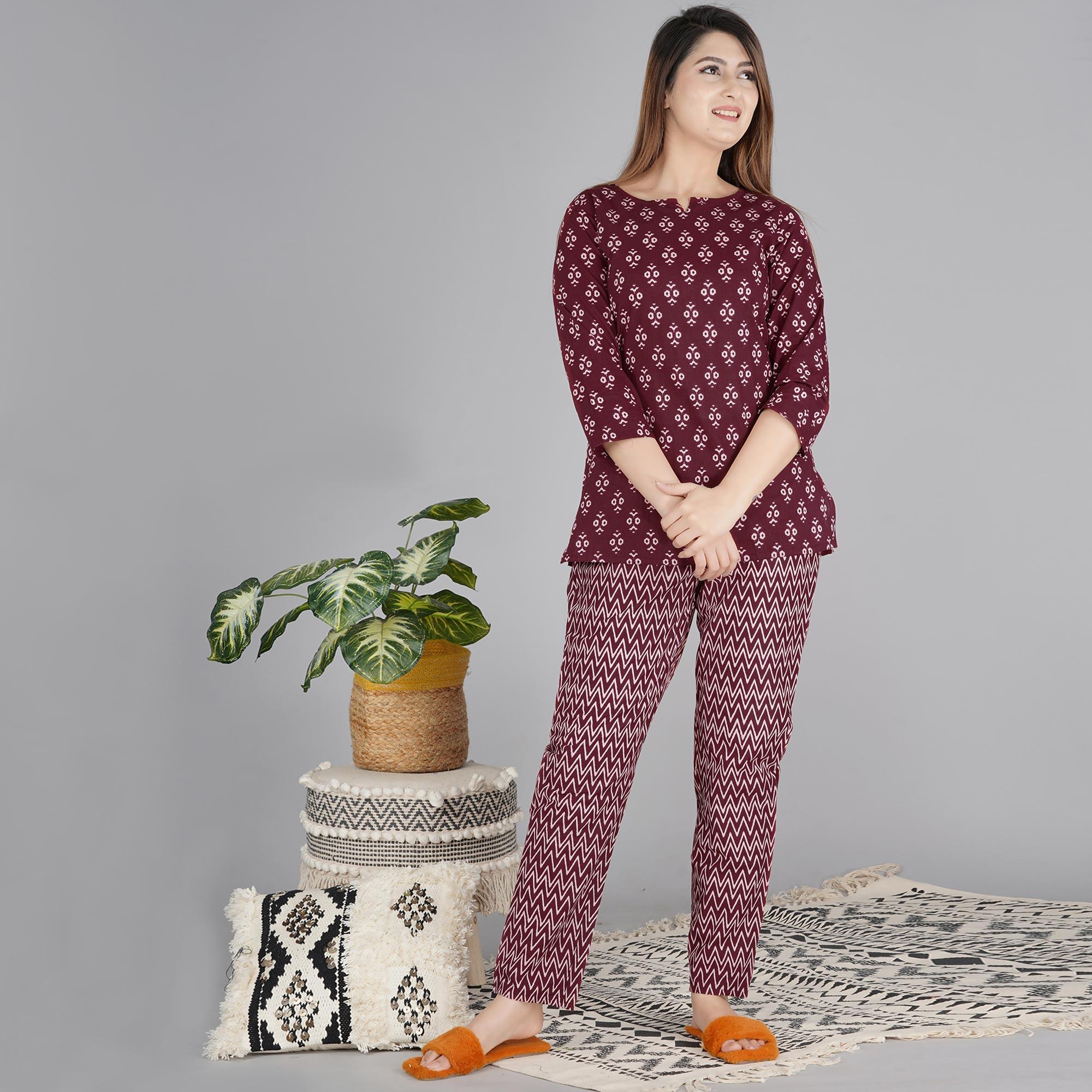 Wine Printed Pure Cotton Night Suit - Peachmode