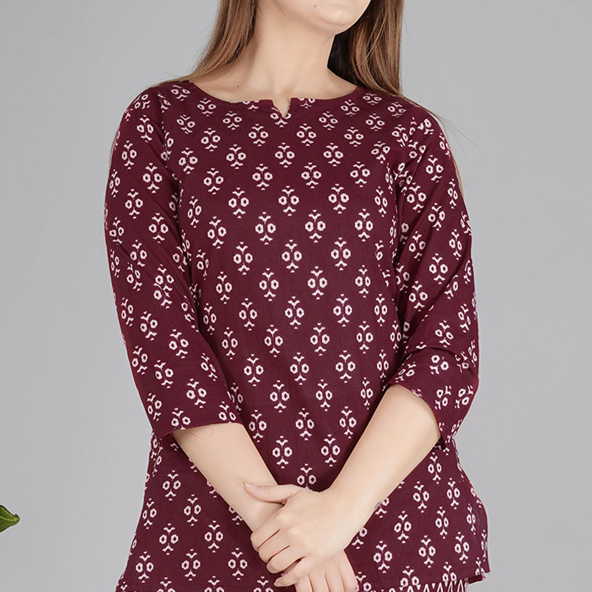 Wine Printed Pure Cotton Night Suit - Peachmode