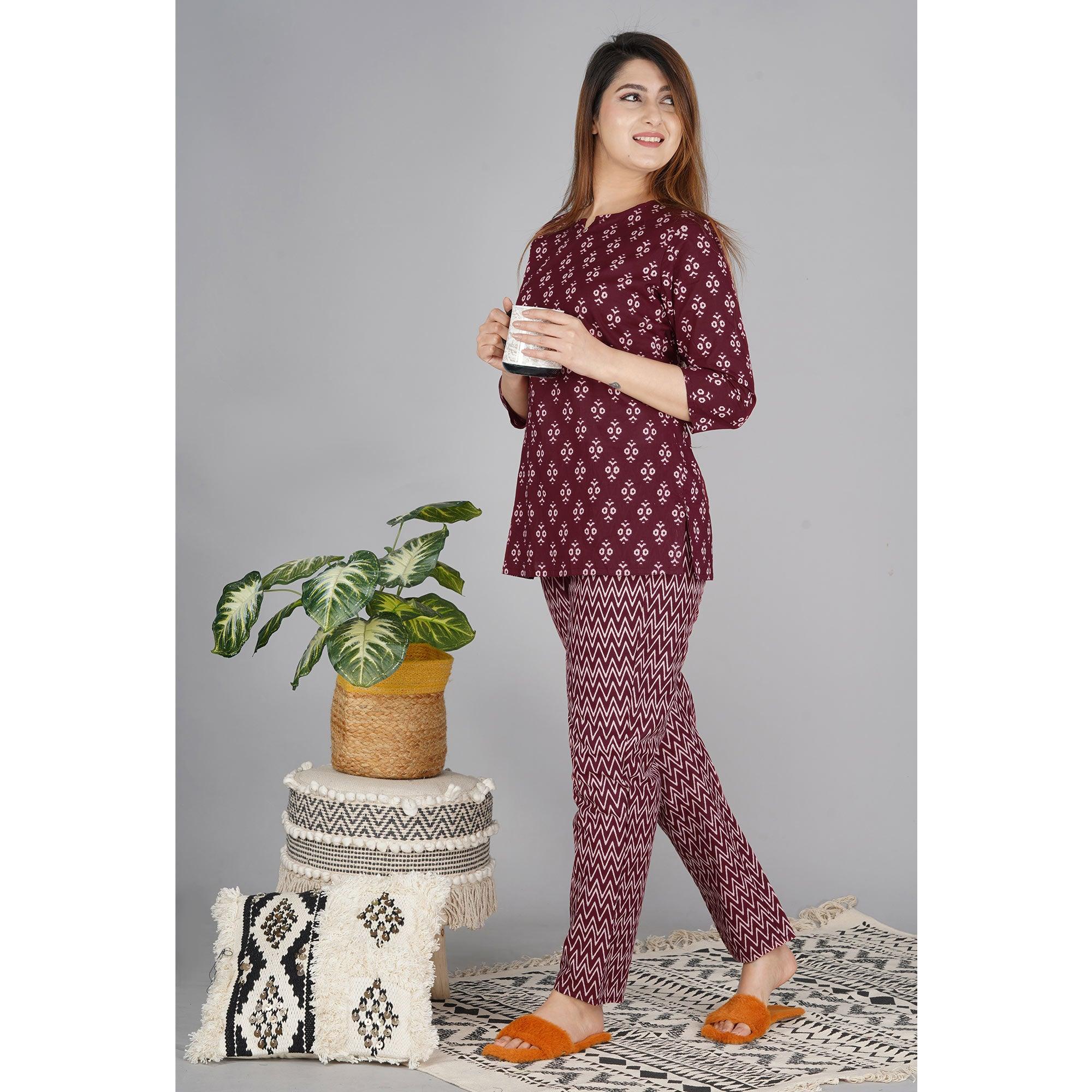 Wine Printed Pure Cotton Night Suit - Peachmode