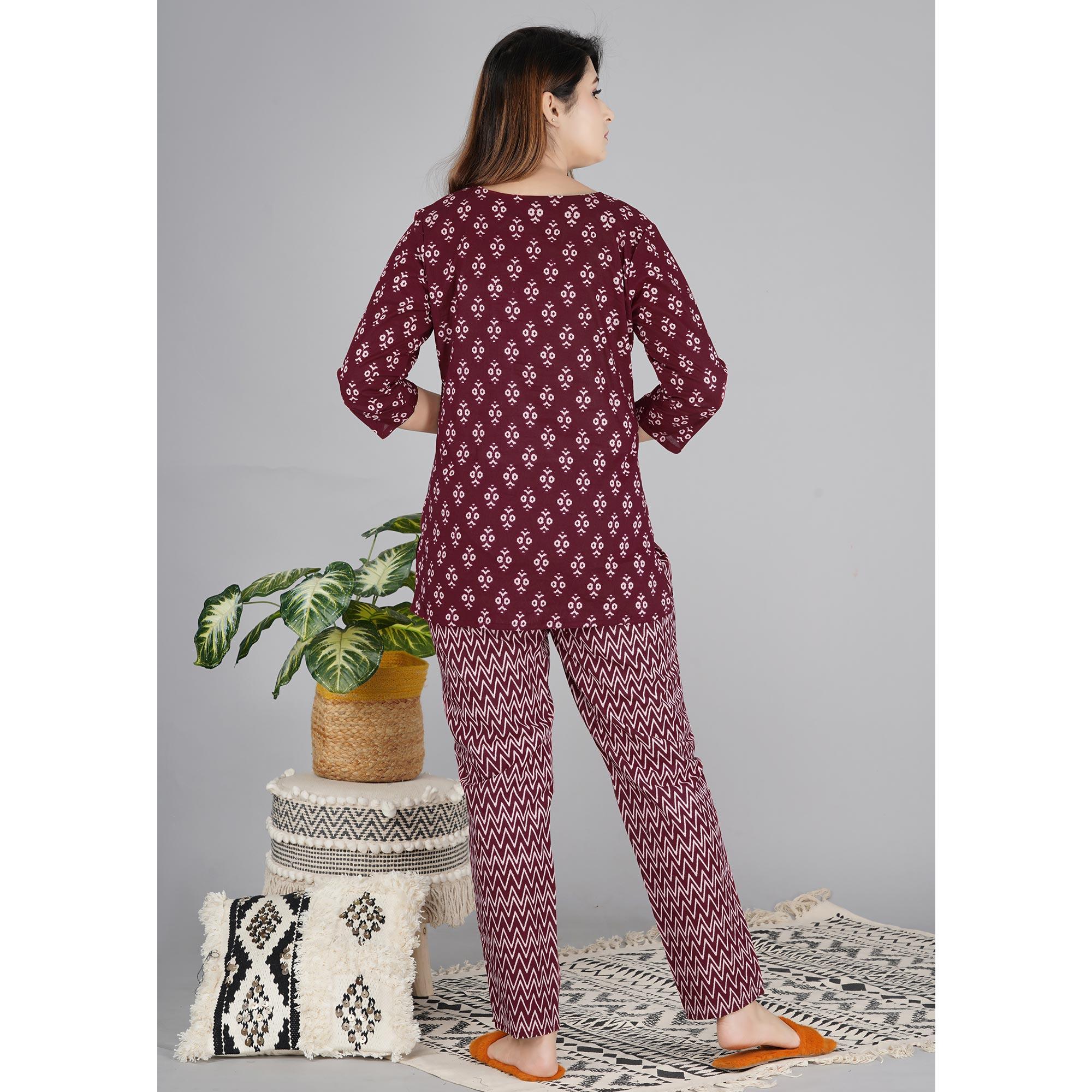 Wine Printed Pure Cotton Night Suit - Peachmode