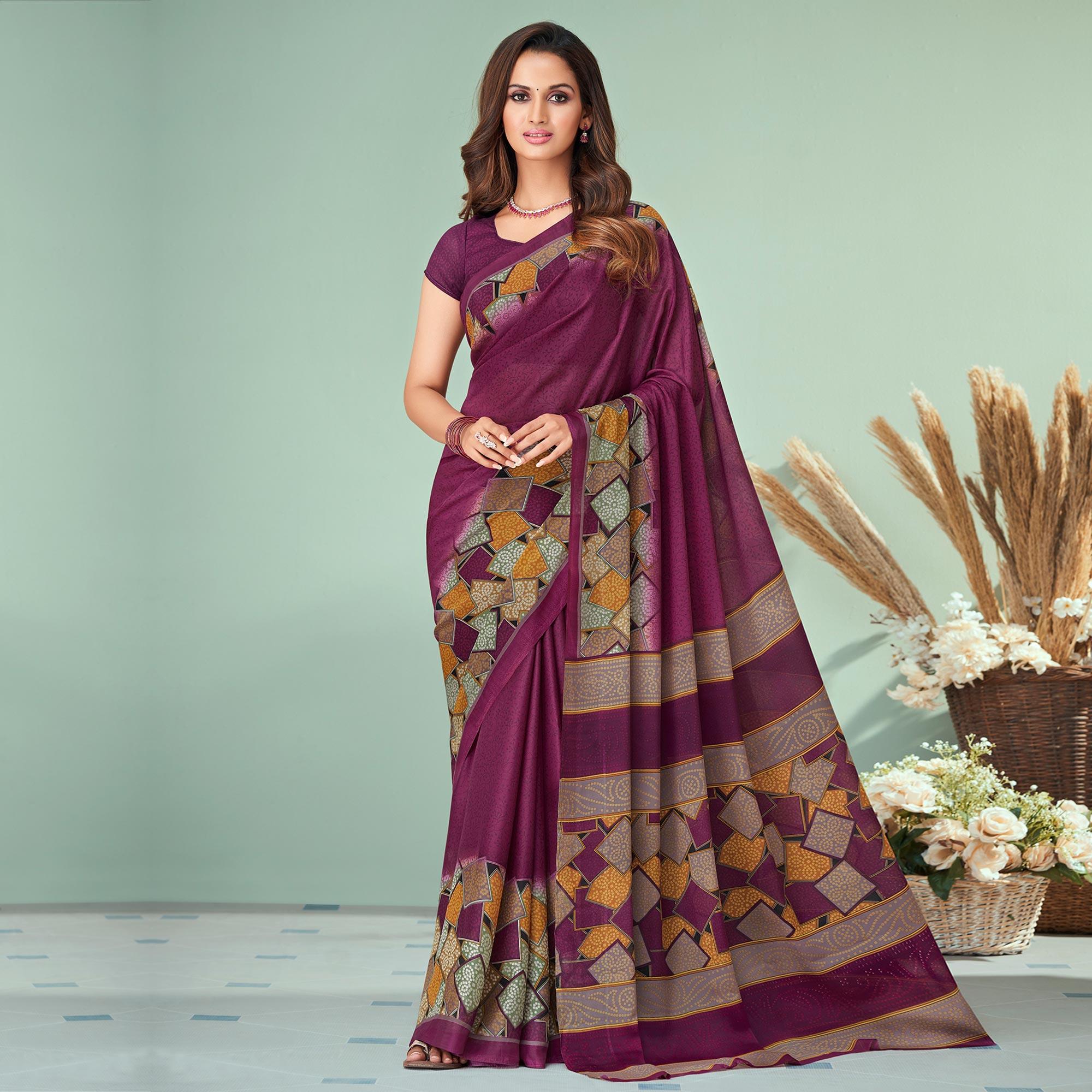 Wine Printed Raw Silk Saree - Peachmode