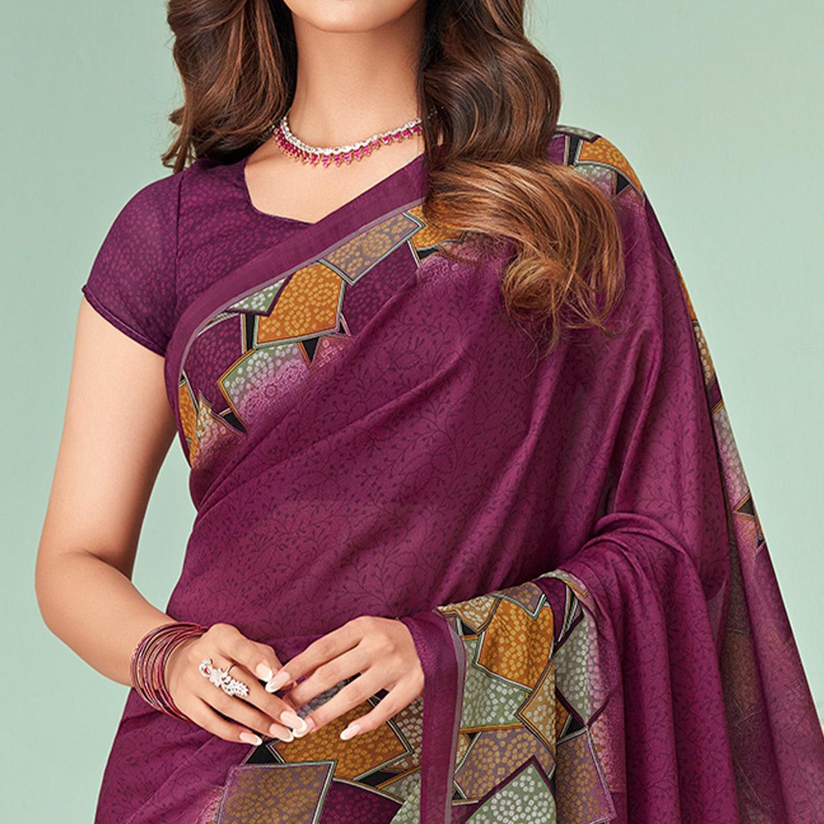 Wine Printed Raw Silk Saree - Peachmode